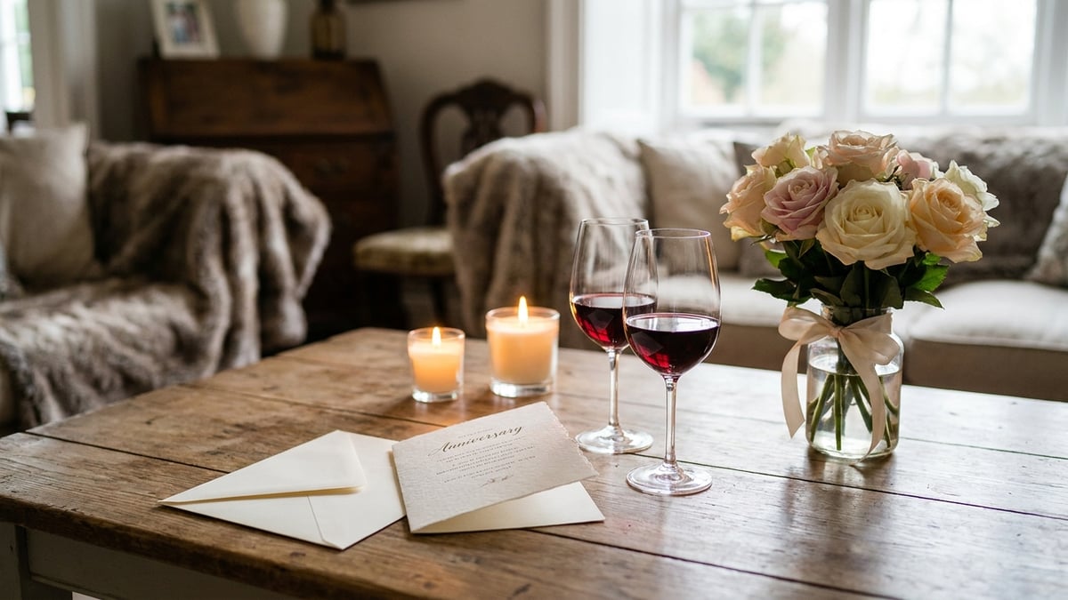 An anniversary card next to two glasses of wine