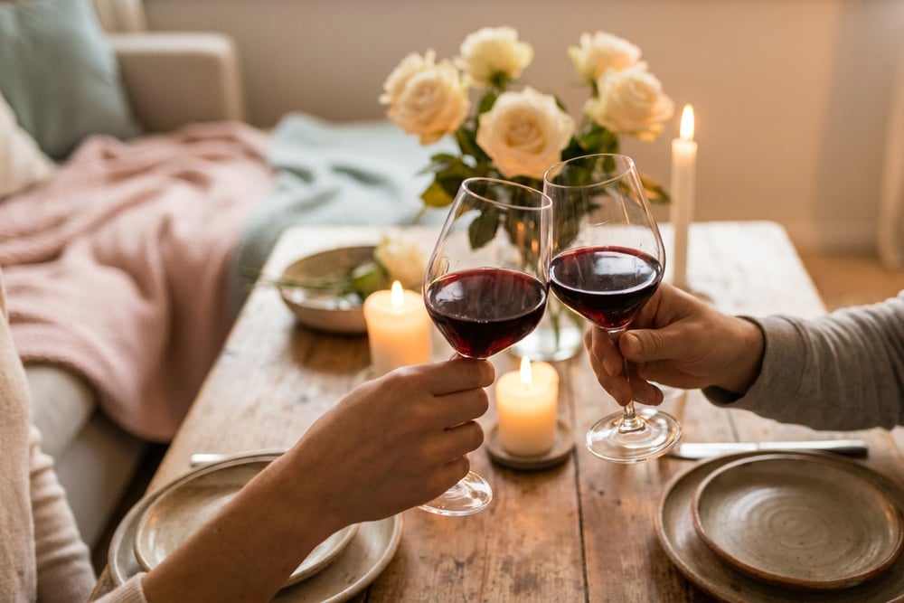 An anniversary card next to two glasses of wine