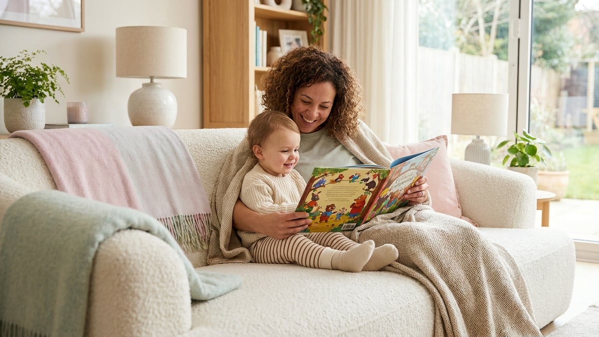 A parent reading a picture book with a young child