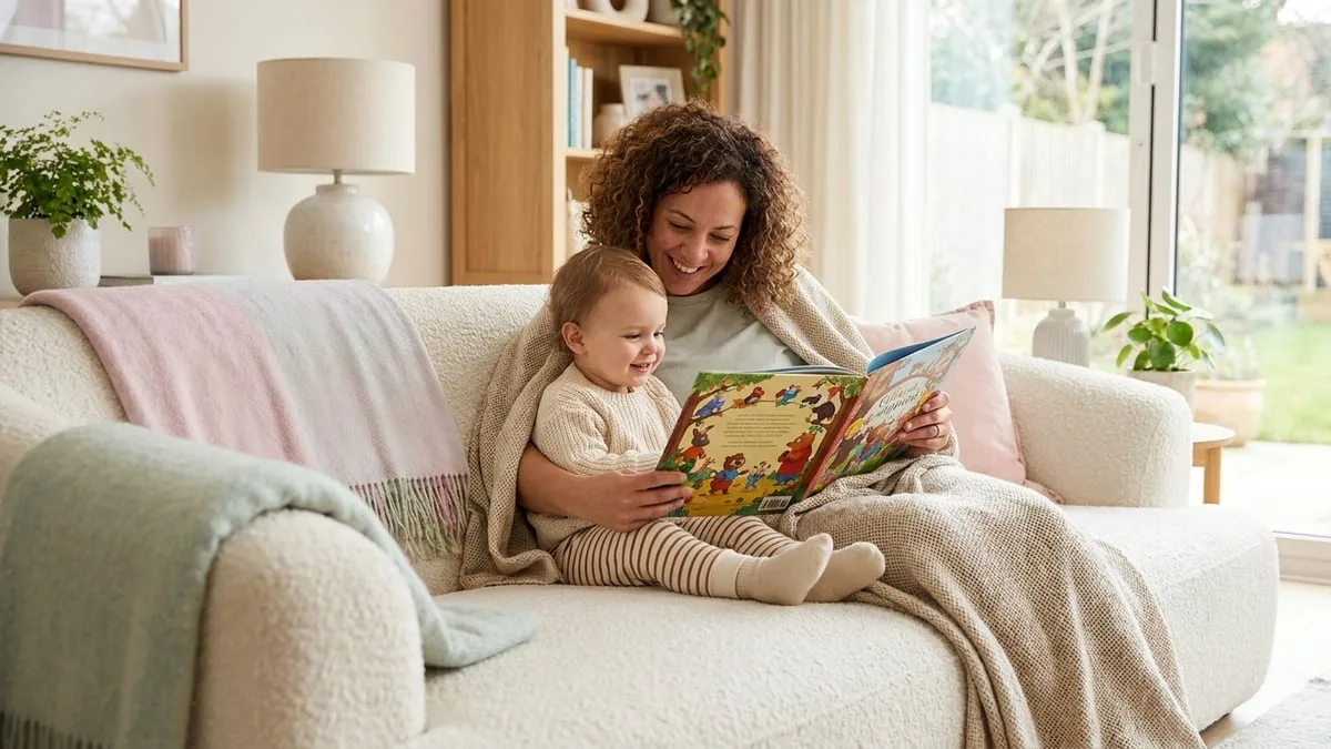 A parent reading a picture book with a young child