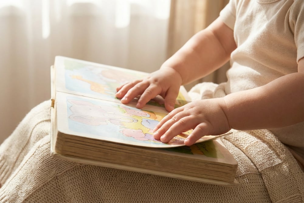 A parent reading a picture book with a young child