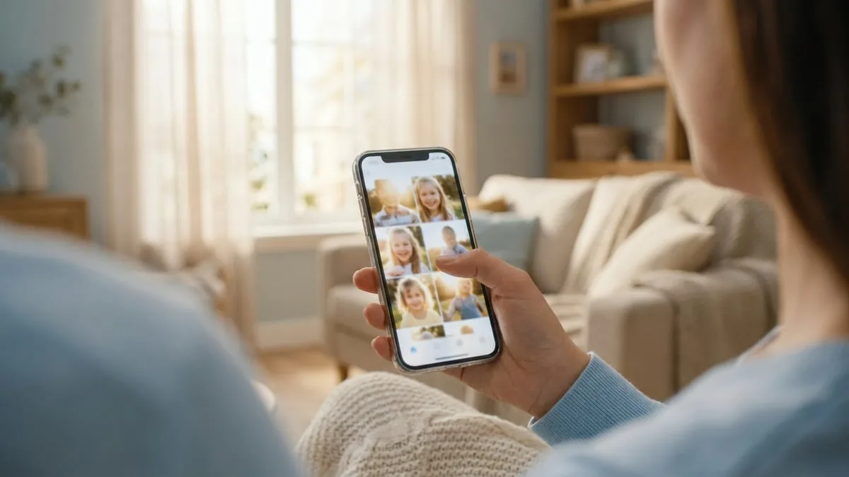 A parent choosing a child's photo on a phone