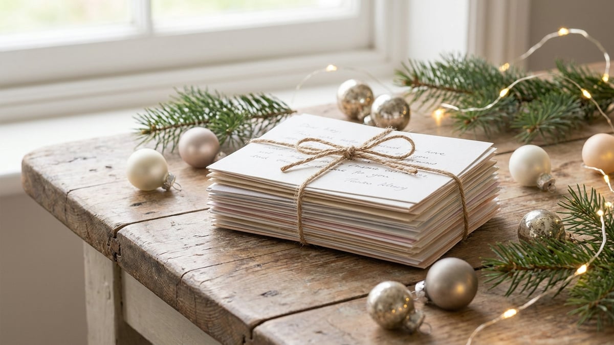 A stack of handwritten Christmas cards