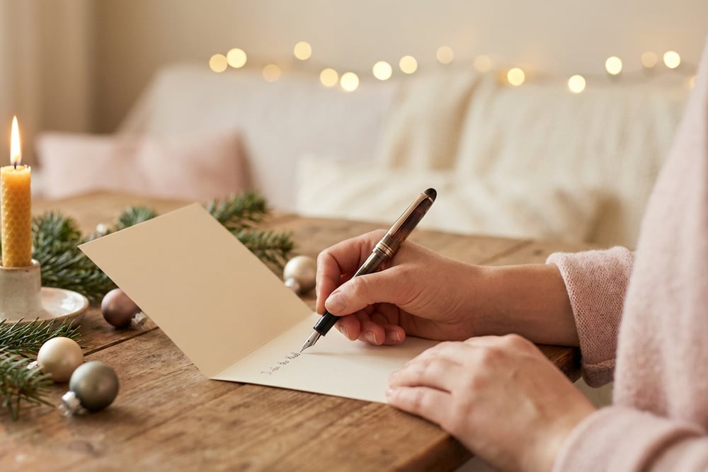 A stack of handwritten Christmas cards