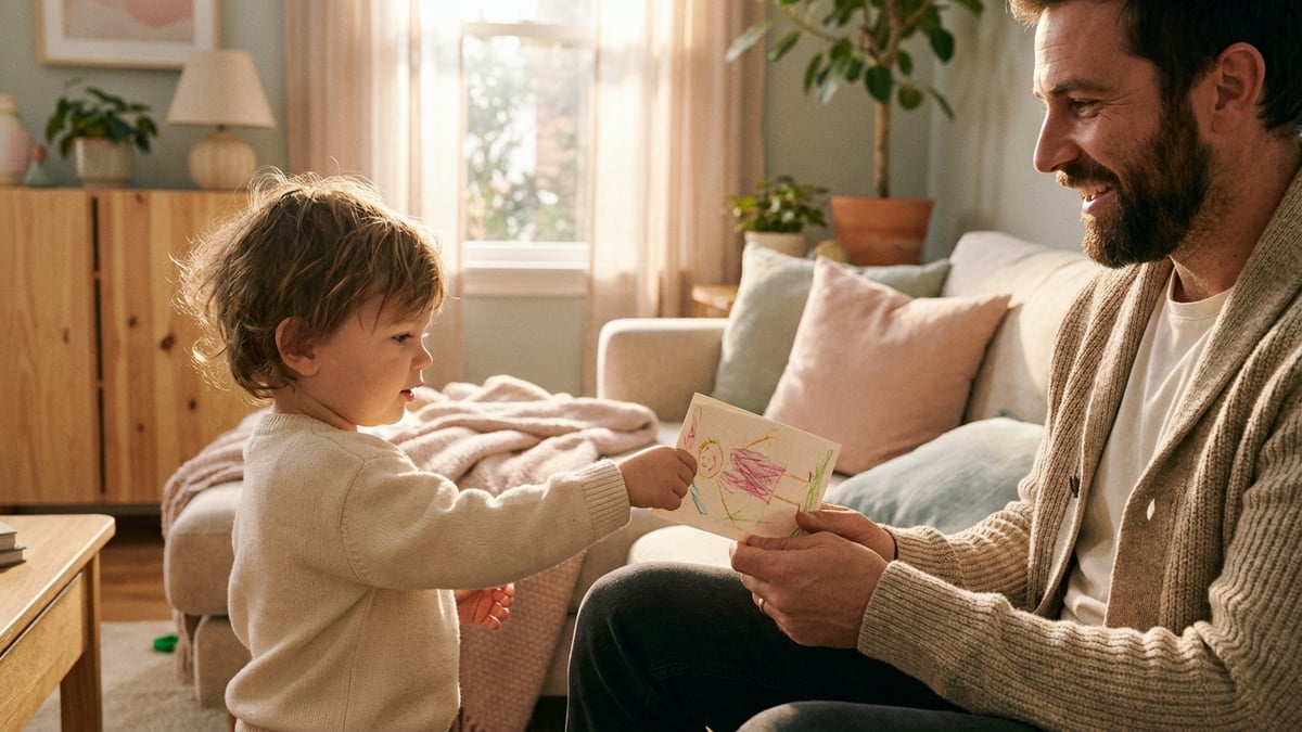 A child handing dad a Father's Day card