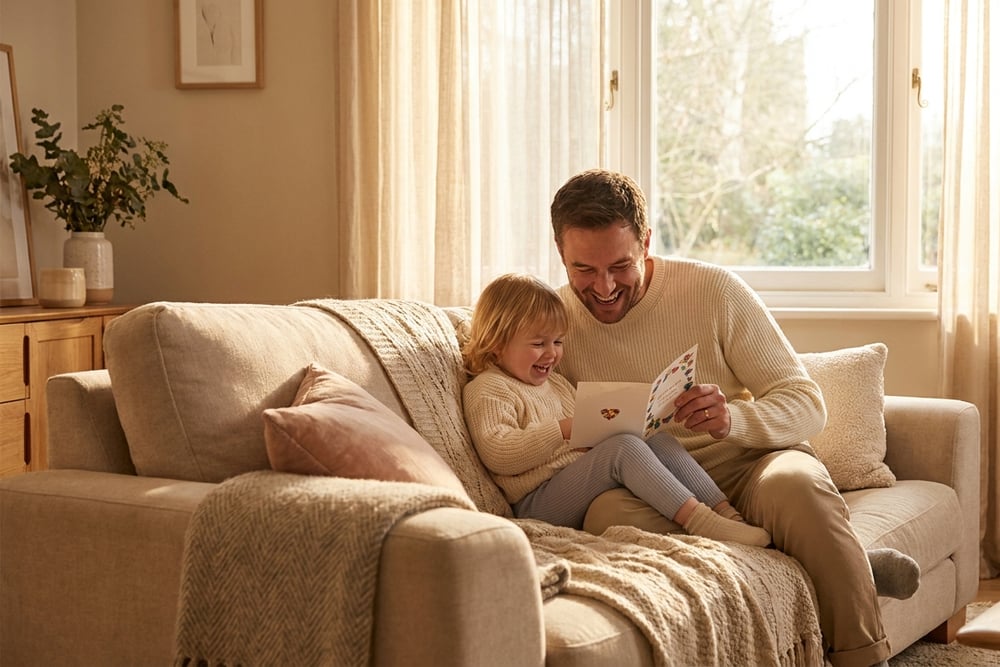 A child handing dad a Father's Day card