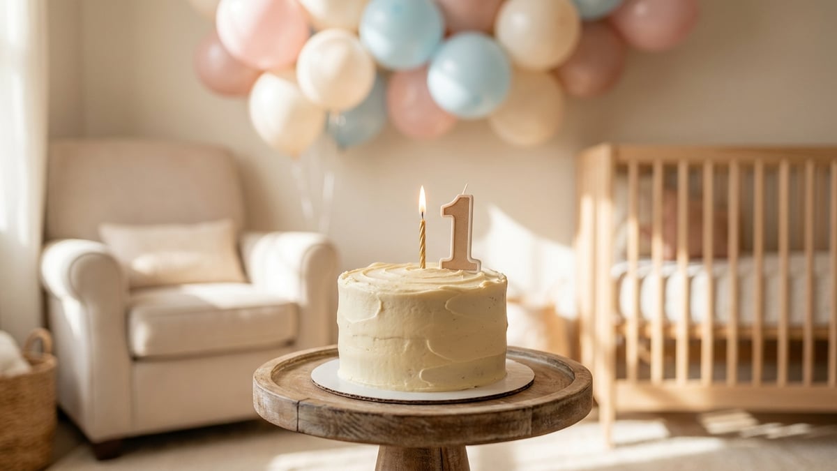 A first birthday cake with a single candle