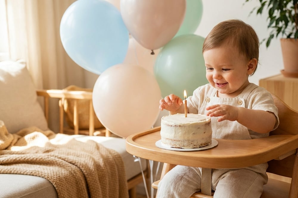 A first birthday cake with a single candle