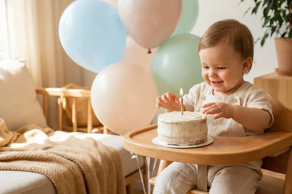 A first birthday cake with a single candle