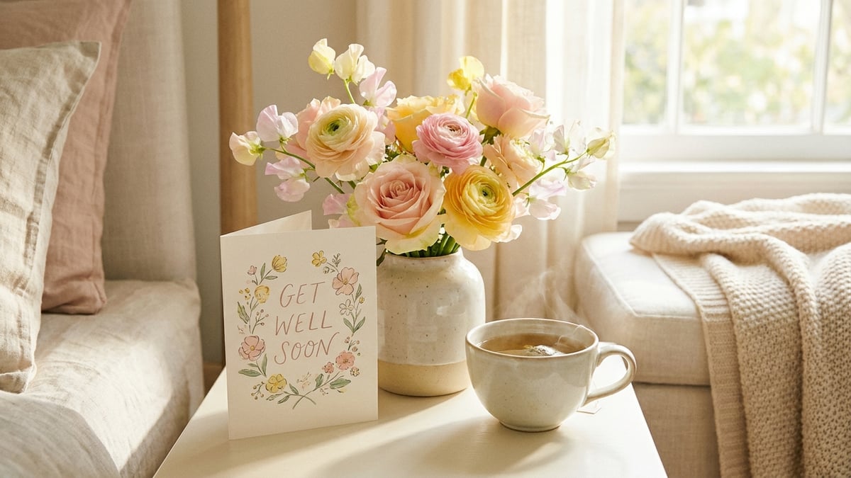 A get well soon card beside a vase of flowers