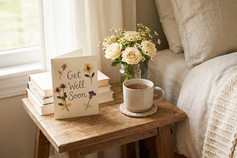 A get well soon card beside a vase of flowers
