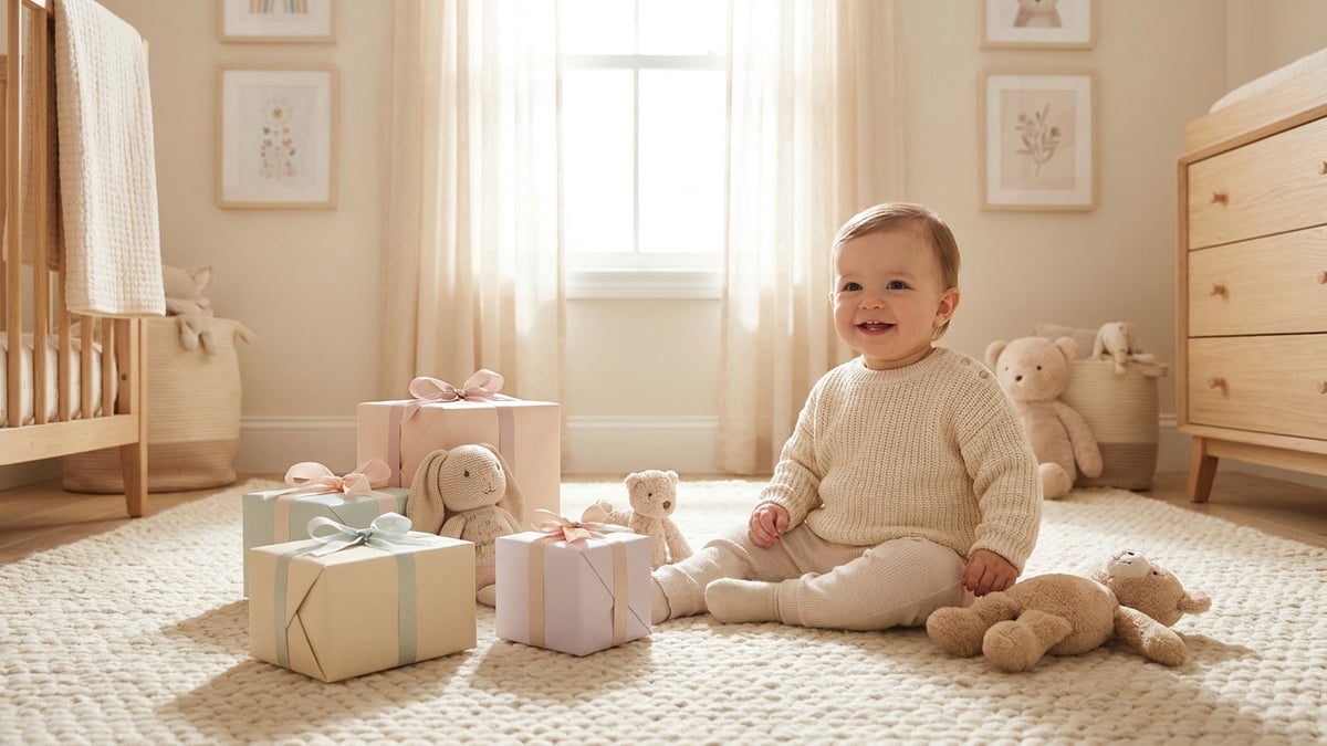 A one year old surrounded by birthday gifts