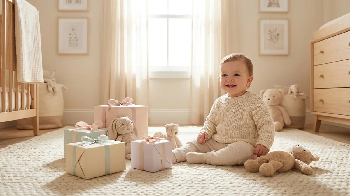 A one year old surrounded by birthday gifts