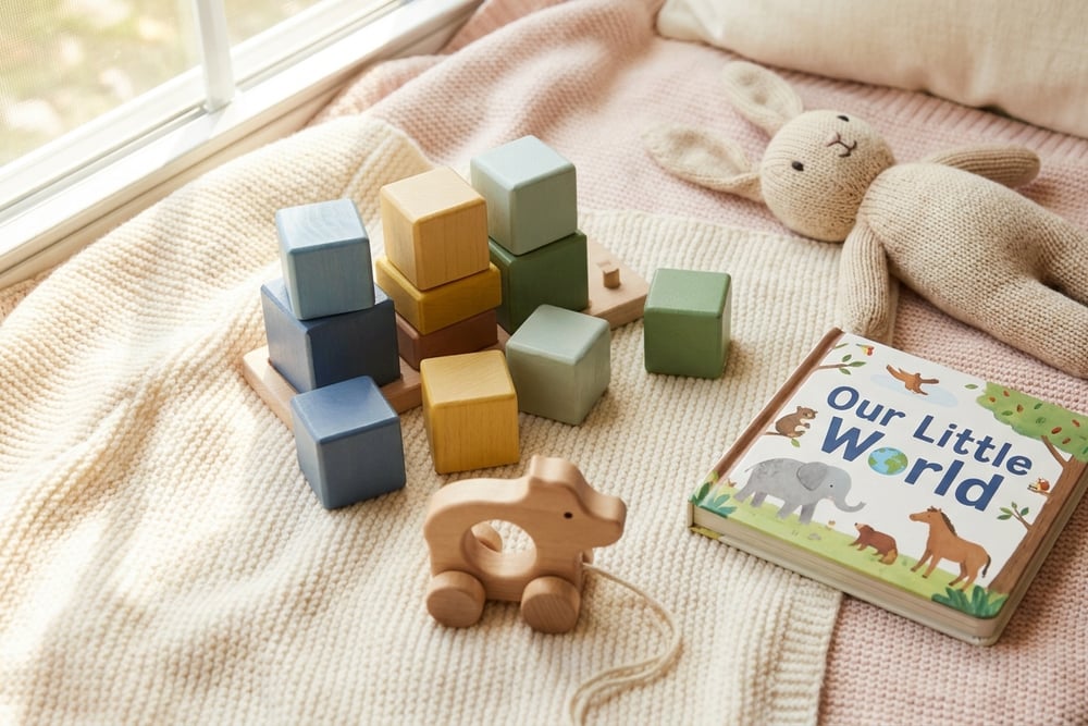 A one year old surrounded by birthday gifts