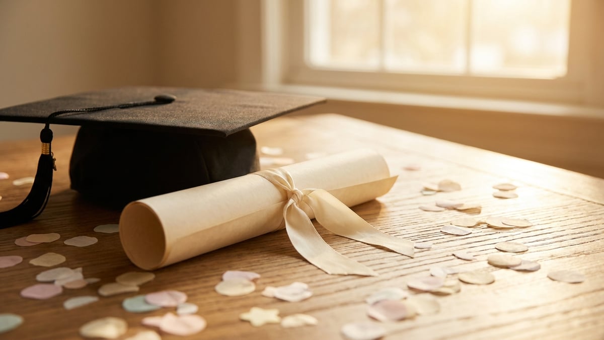 A graduation cap and rolled diploma