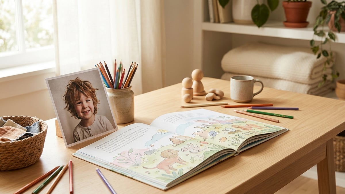 An illustrated personalised book open on a desk