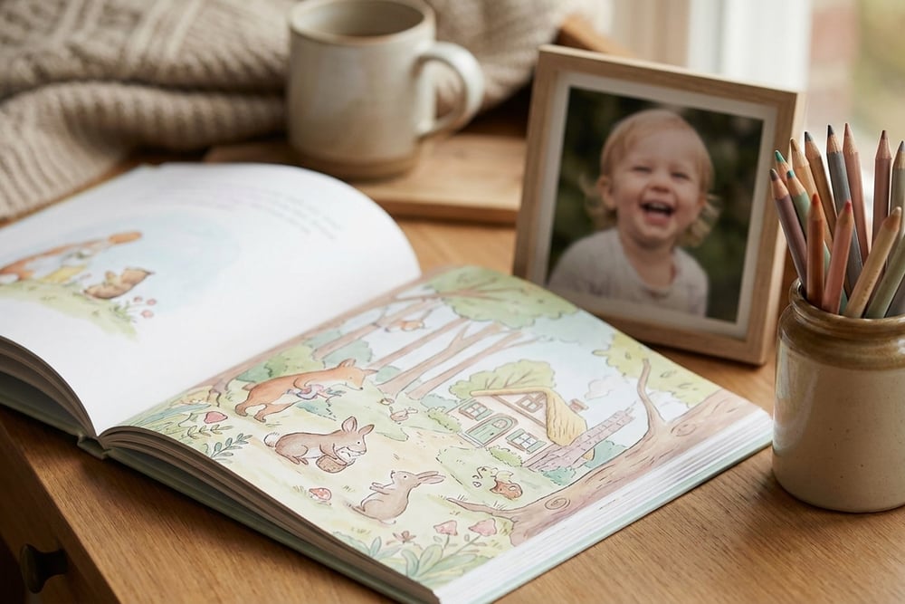 An illustrated personalised book open on a desk