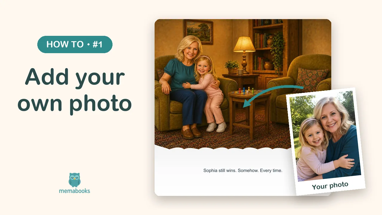 A family photo next to the storybook page it became