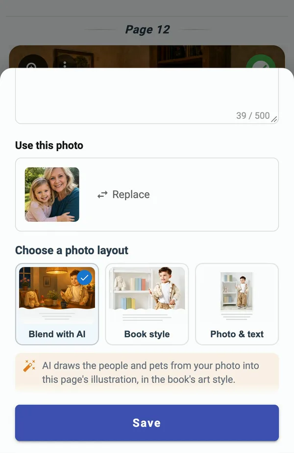 Los tres diseños de foto con Combinar con IA seleccionado