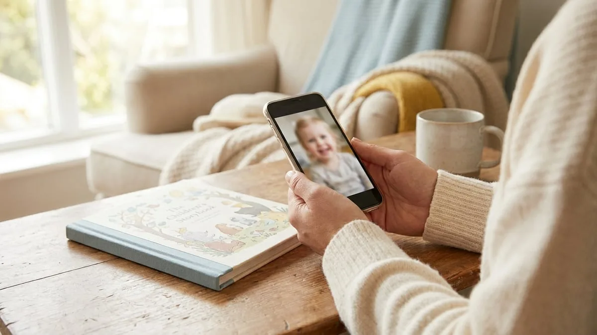 A parent holding a phone with a child's photo, next to a personalised book