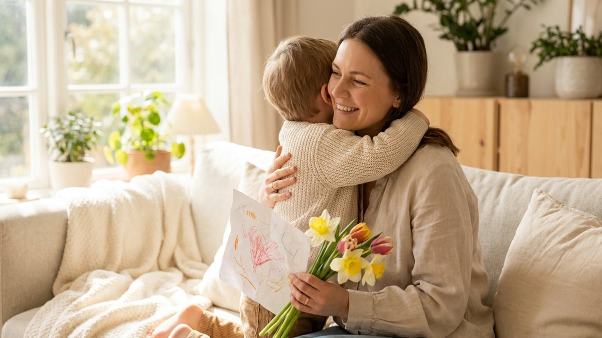 A child giving mum a handmade Mother's Day card and book
