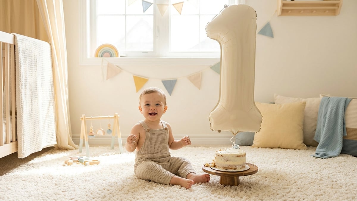 A one year old with their personalised first birthday book