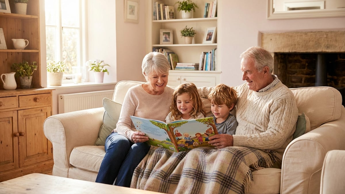 Grandparents reading a personalised book with grandchildren
