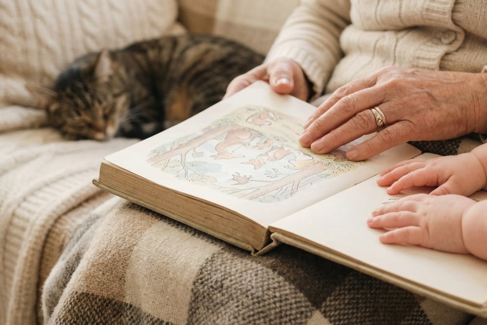 Grandparents reading a personalised book with grandchildren