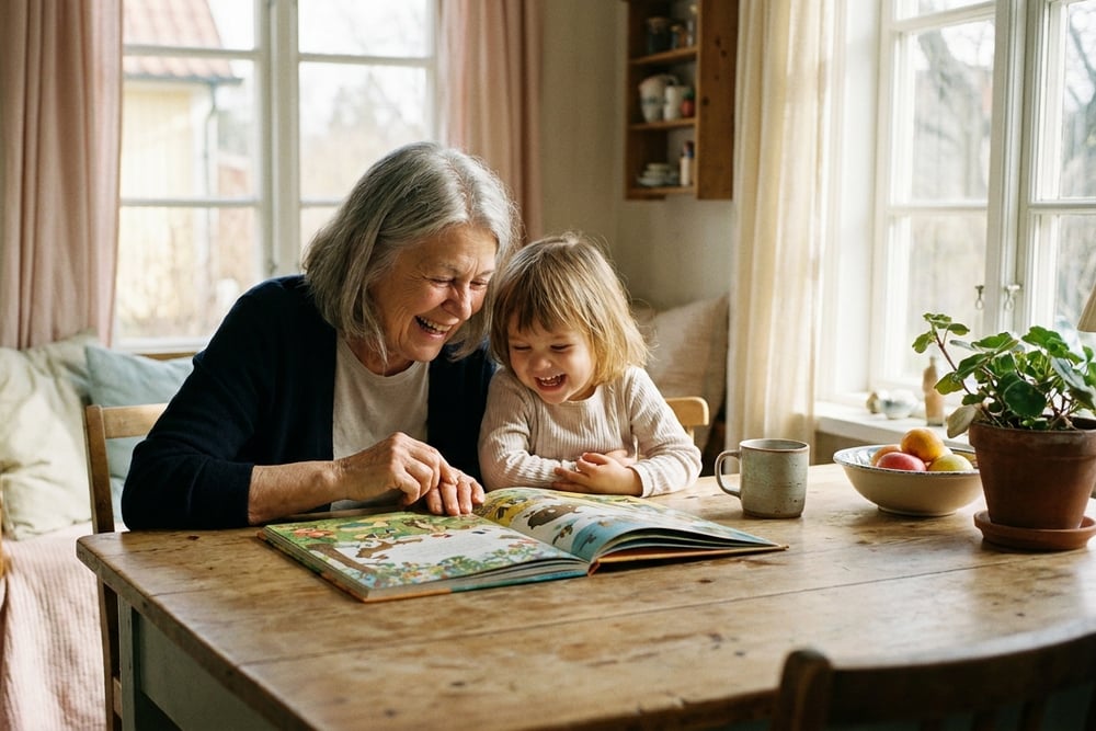 A personalised book open on a grandparent's lap
