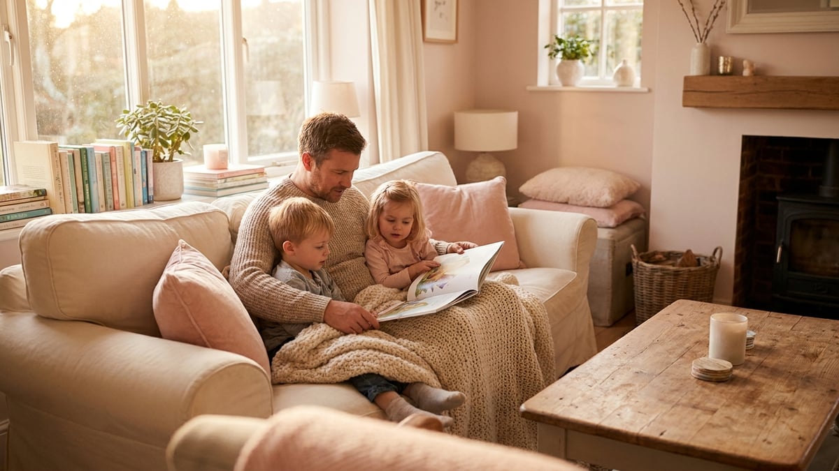 A dad reading a personalised book with his children