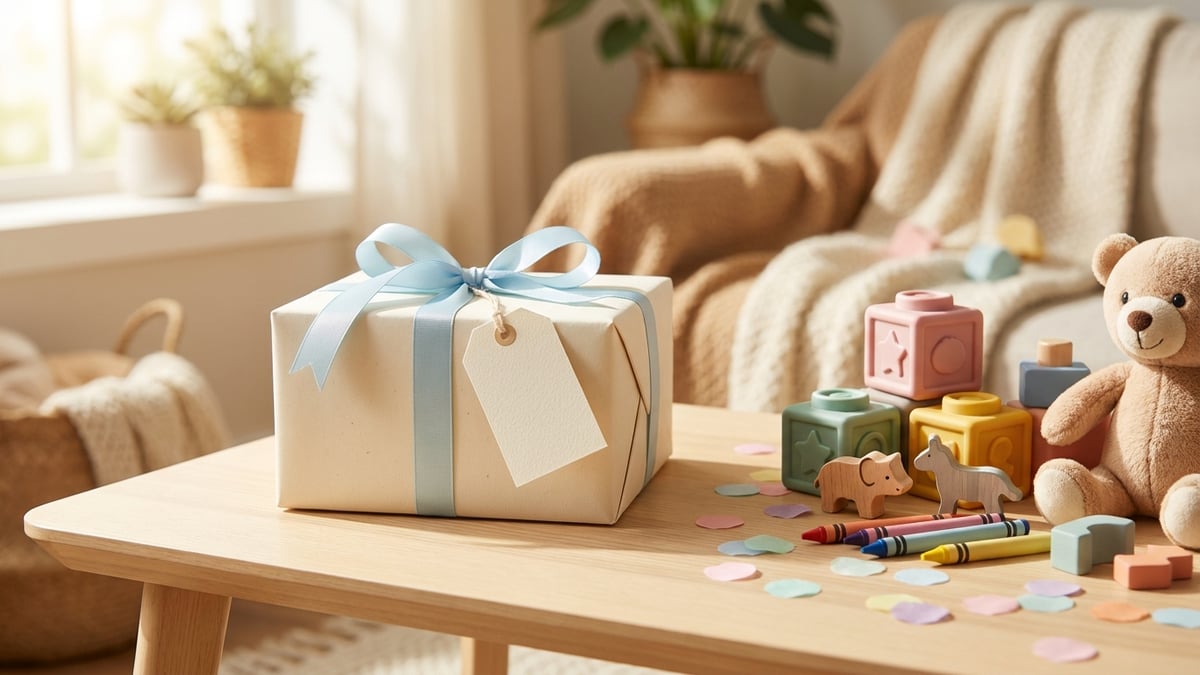 A wrapped personalised gift with a child's name tag