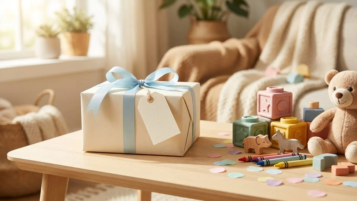 A wrapped personalised gift with a child's name tag