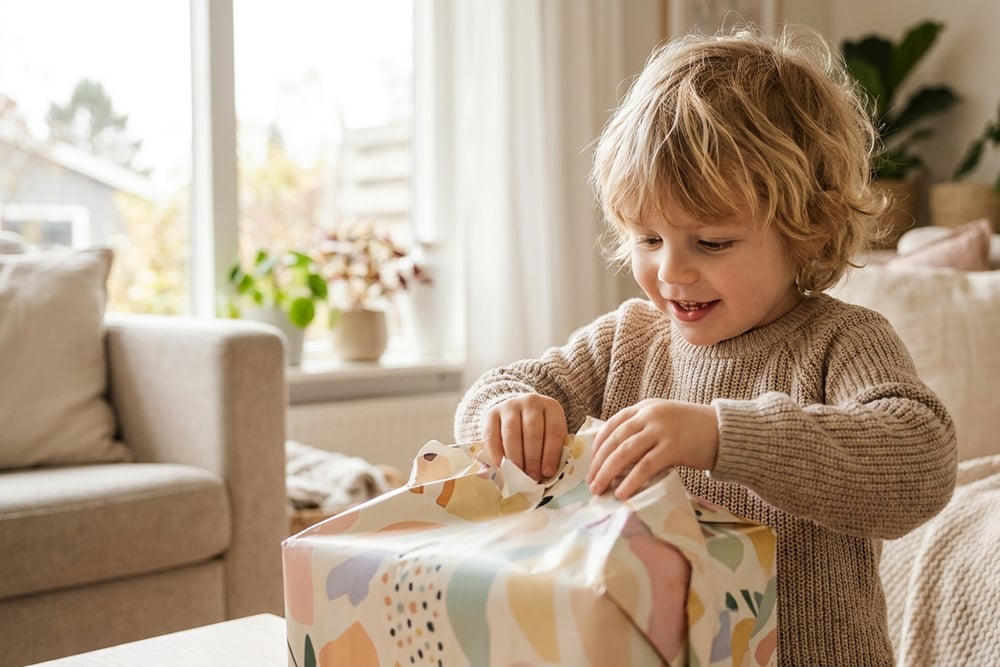 A wrapped personalised gift with a child's name tag