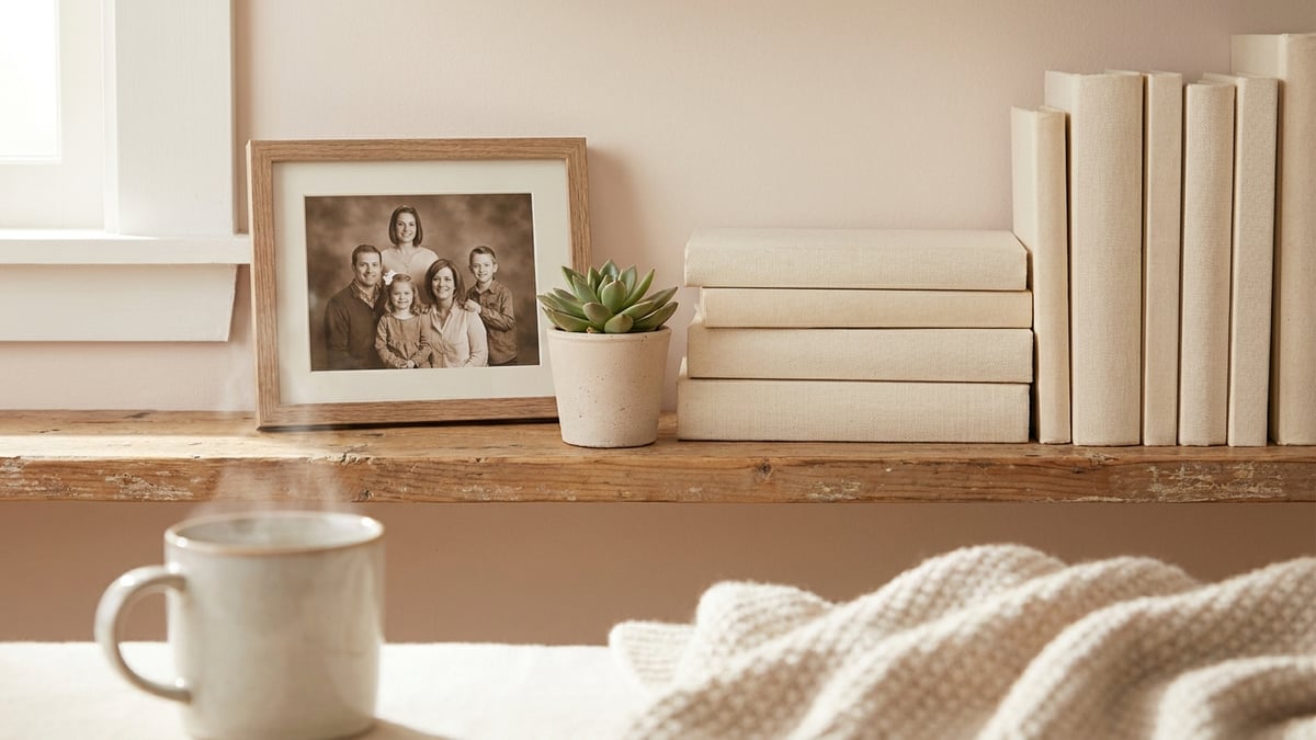 A framed family photo on a shelf
