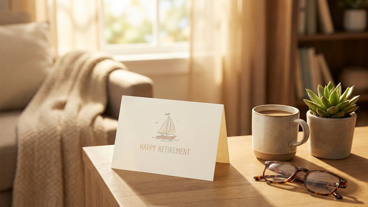 A retirement card on a desk with a coffee