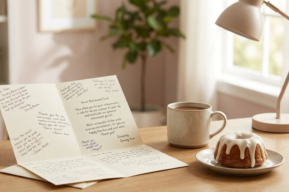 A retirement card on a desk with a coffee