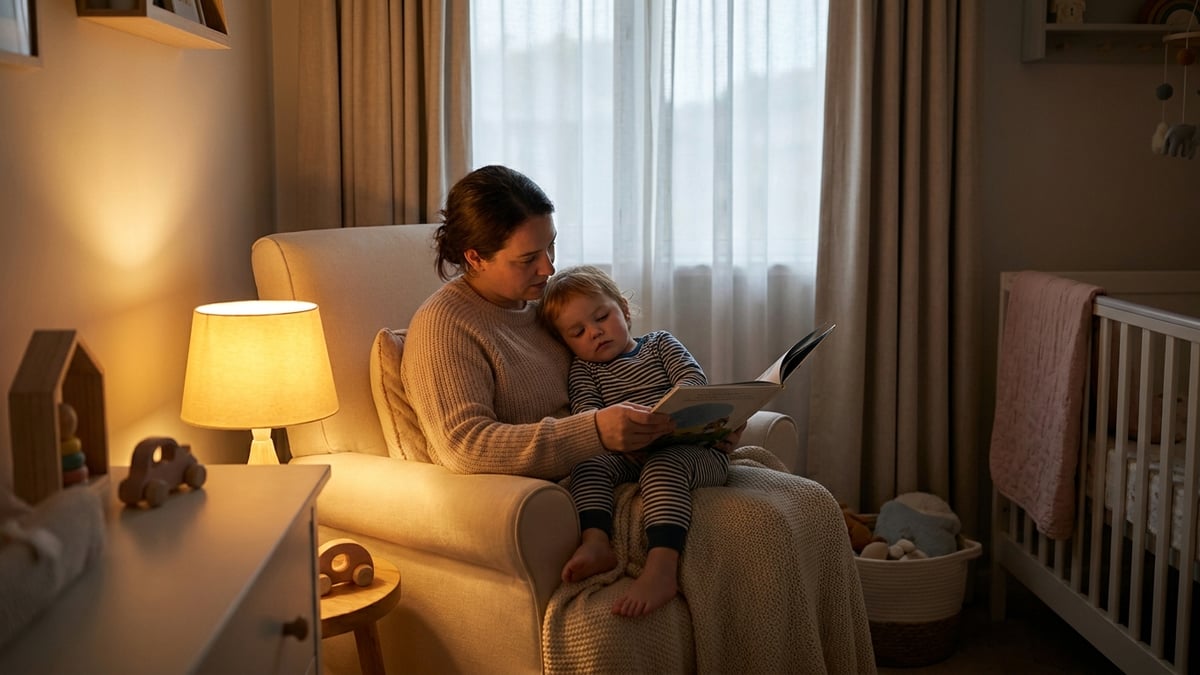 A toddler being read to at bedtime