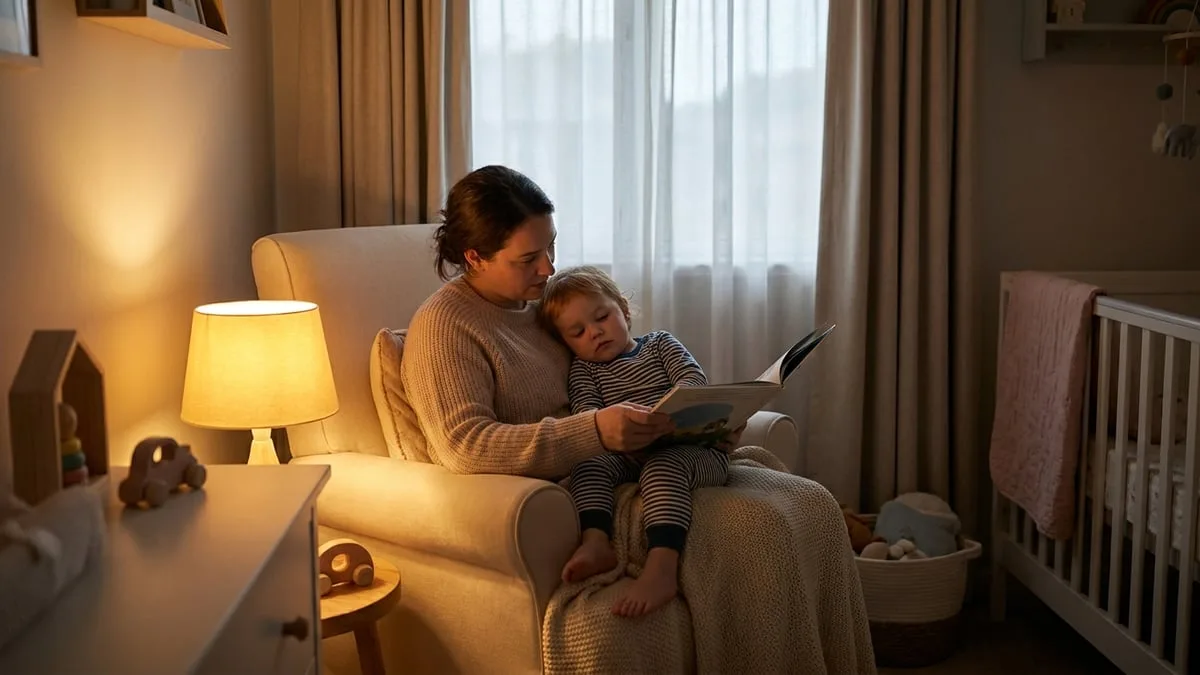 A toddler being read to at bedtime