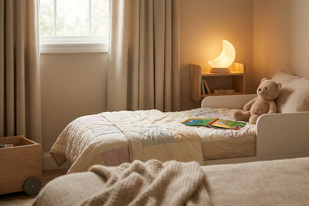 A toddler being read to at bedtime
