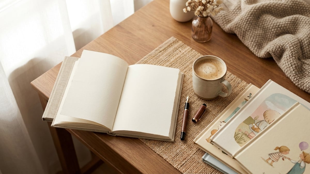 A cozy desk with a notebook and a cup of coffee