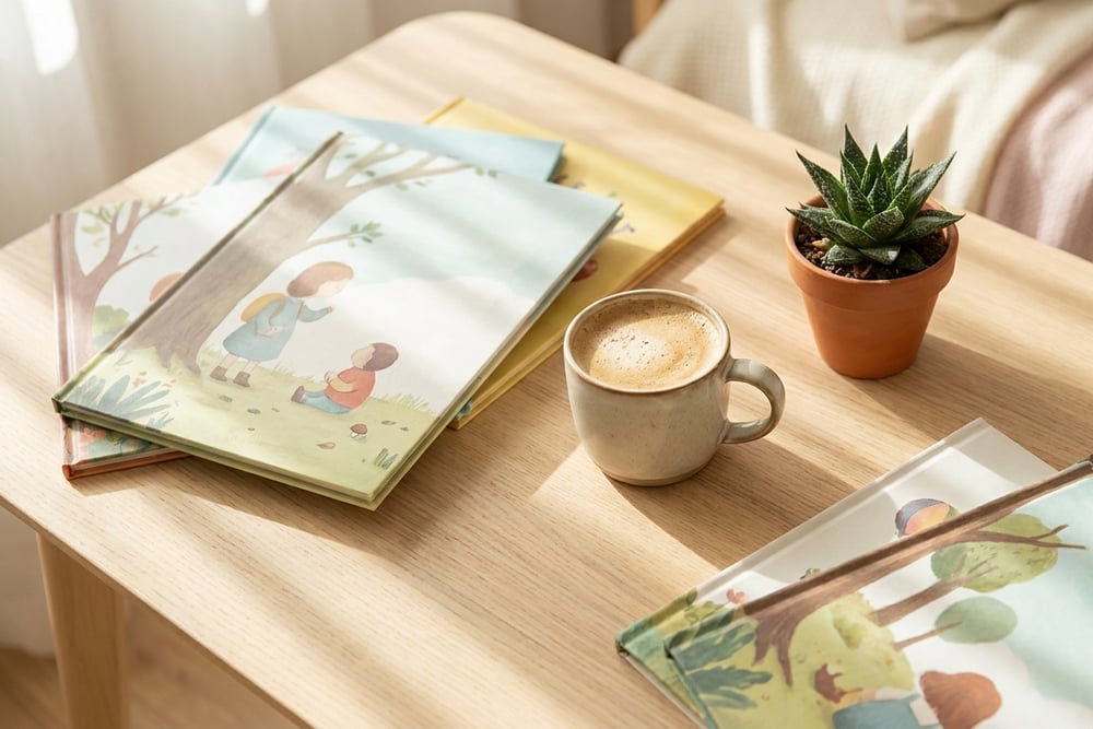 A cozy desk with a notebook and a cup of coffee