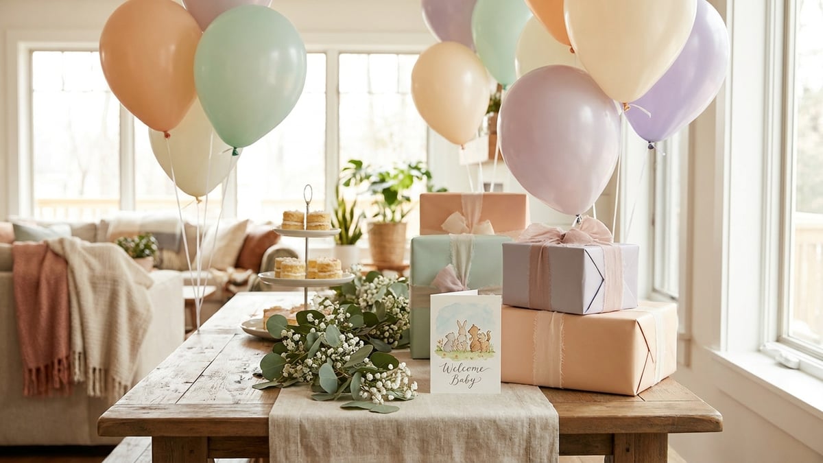 A baby shower card and a personalised keepsake book on a table