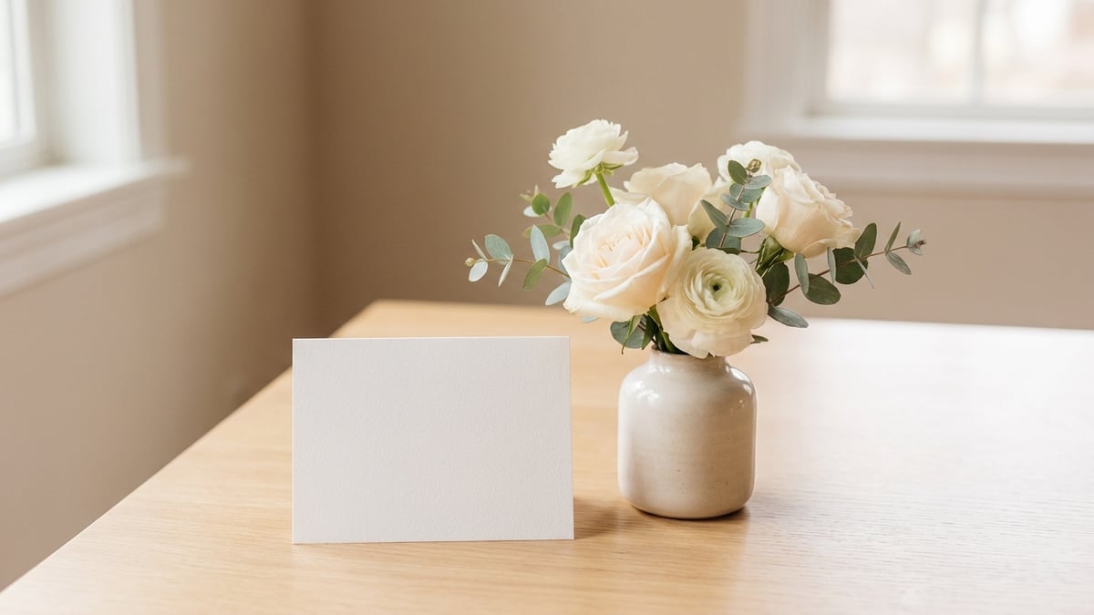 A handwritten sympathy card with white flowers