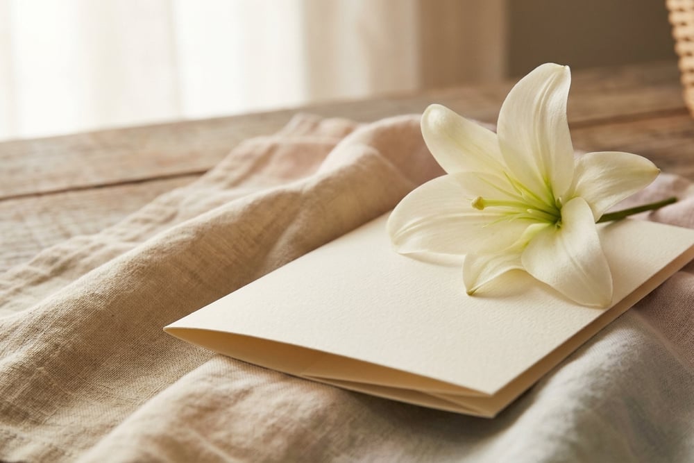 A sympathy card with white flowers