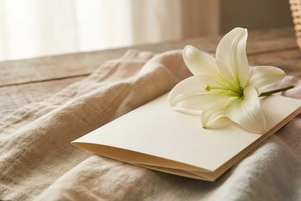 A sympathy card with white flowers