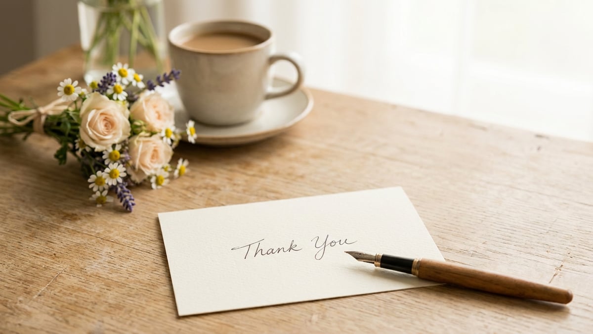A handwritten thank you card and pen