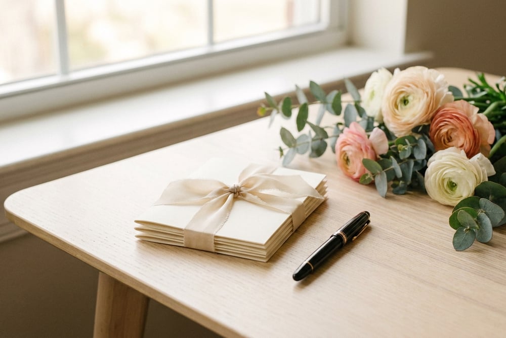 A handwritten thank you card and pen