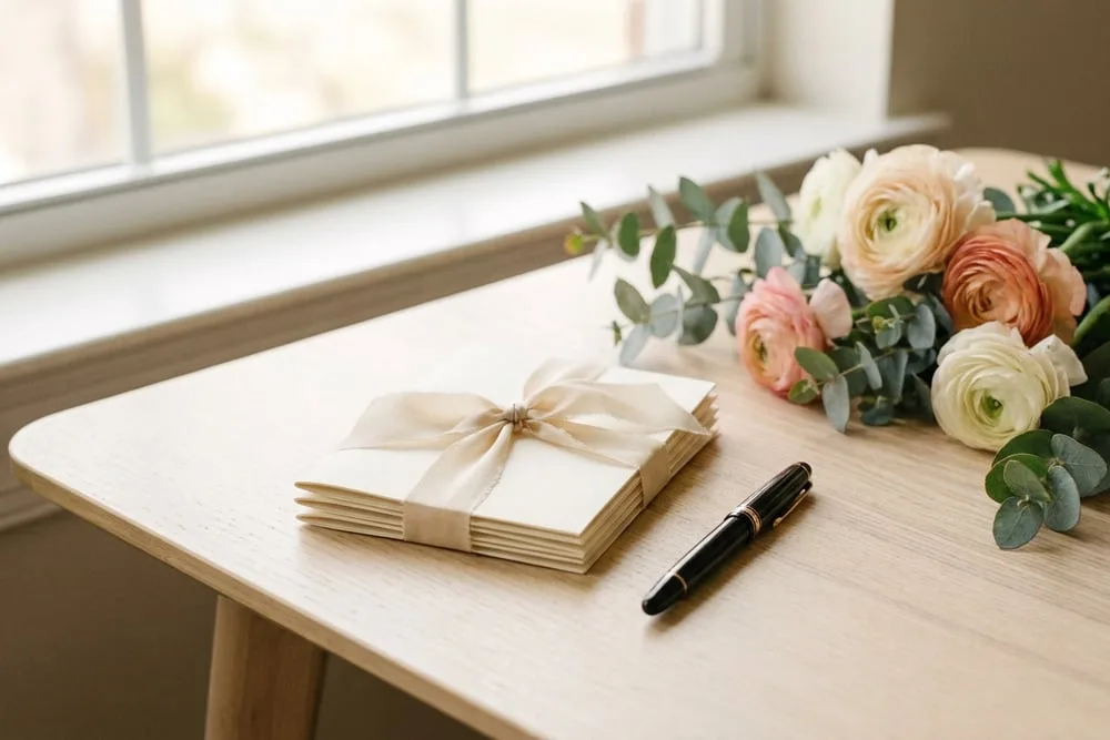 A handwritten thank you card and pen