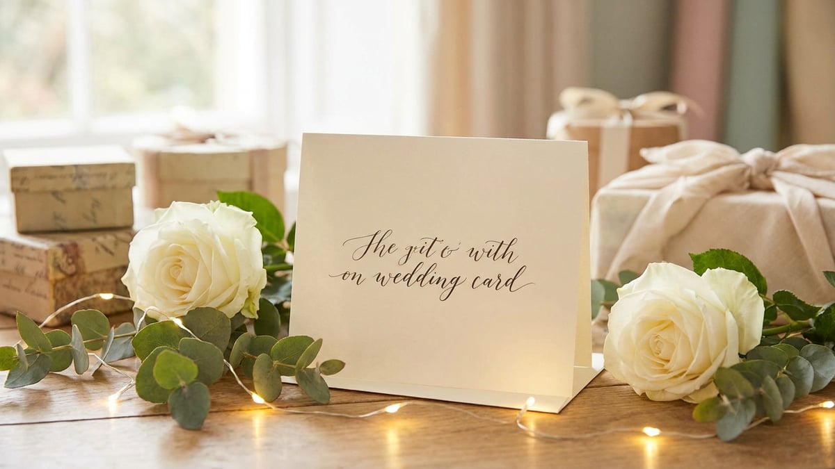 A wedding card resting on a gift table