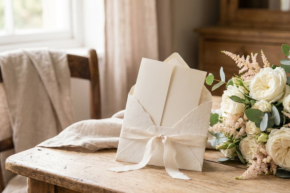 A wedding card on a gift table